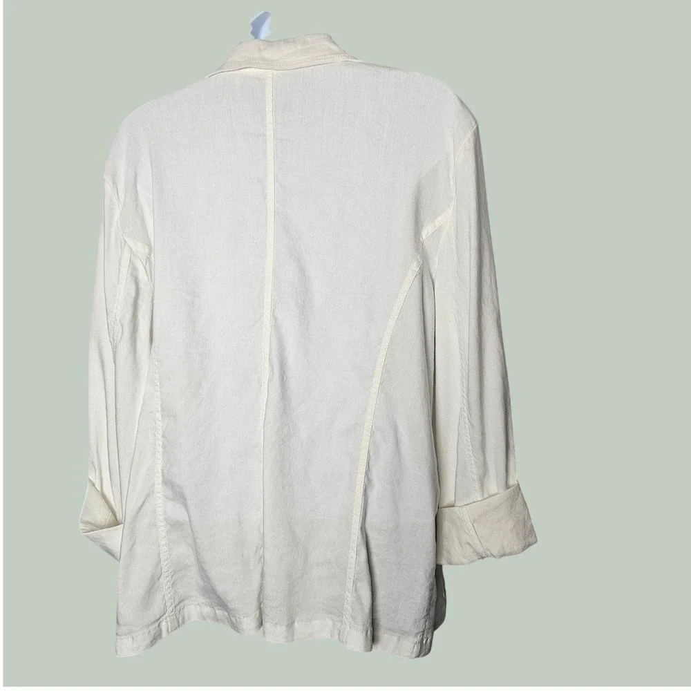Chico's Linen Roll‎ Sleeve Stretch Blazer 2.5 (14) Ivory Open Front Zip Pocket